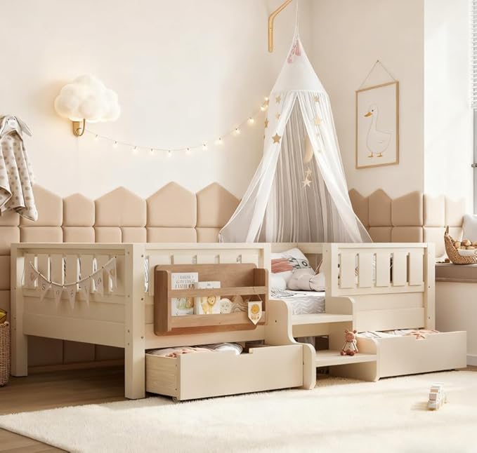 Bellemave Twin Size Kids Bed with high Rails and with Built-in Bookshelf and Drawers for Kids, Girls, Boys, Wood Montessori Bed Without Door, Beige