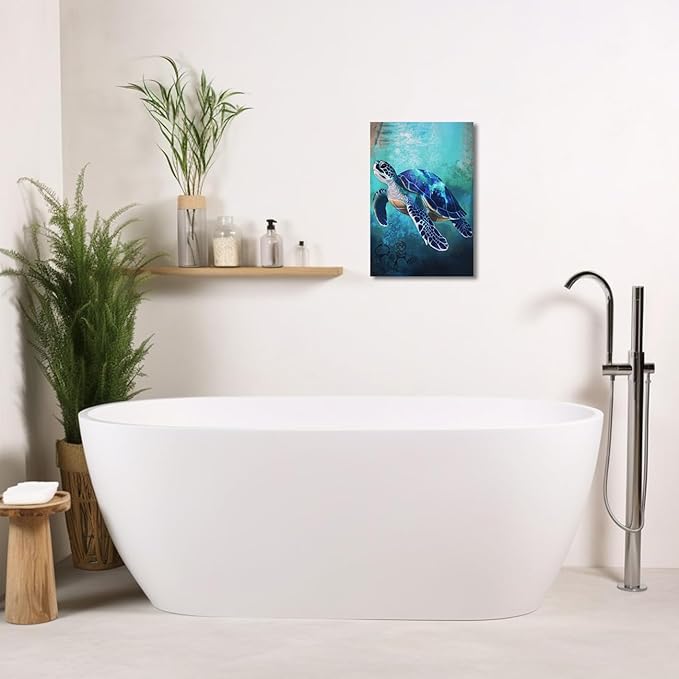 AWPANERAR Sea Turtle Wall Art Bathroom Pictures Watercolor Sea Life Canvas Prints Ocean Animal Poster Nautical Theme Artwork for Kids Room Nursery Decor Framed (Blue, (18L x 12W))