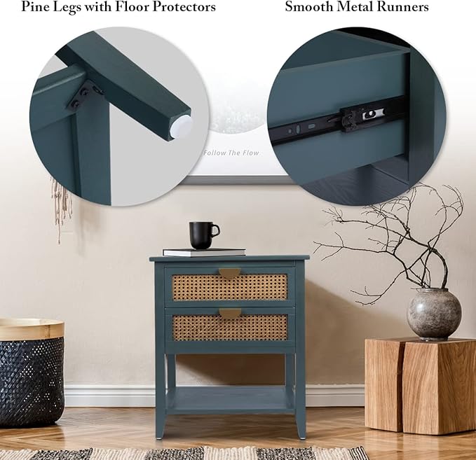 2 Drawers End Table for Living Room, Rattan Nightstand Bedside Table with Metal Handles for Living Room, Bedroom, Small Place(Green)