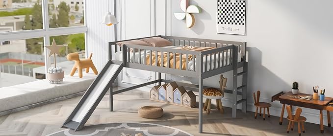 Full Size Low Loft Bed Frame for Boys Girls Kids Adults Toddler for Boys Girls Kids Adults Toddler with Ladder and Slide,Gray