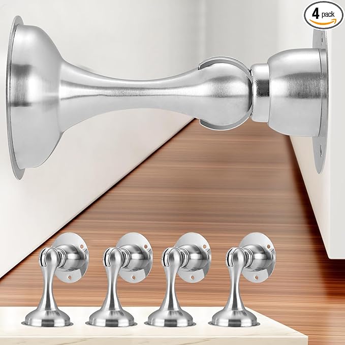 4 Pack Magnetic Door Stop No Drilling Door Stop with 3D Adhesive Tapes Keep Door Open Door Stainless Steel Screws for Stronger Mount (Silver)