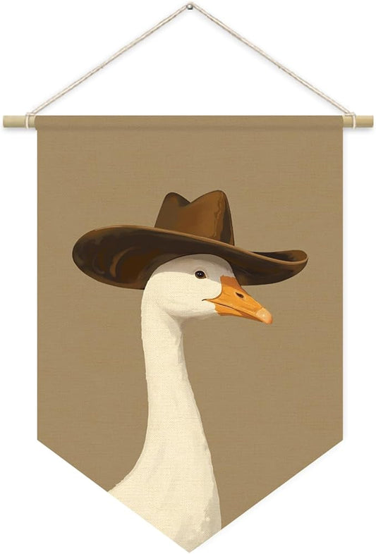 Goose Nursery Decor, Cowboy Goose Wall Art Canvas Banner, Woodland Nursery Decor,Oil Painting Animal for Toddler Room,Cowboy nursery Hanging Pennant Flag Banner, Gift For Baby Girl Boy 15x11in