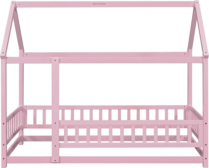 Twin Size House Bed Frame for Kids,Wooden Montessori Floor Bed with Fence and Roof,Floor Bed Frame Twin Size for Girls,Boys(Twin,Pink)