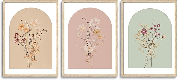 CHMMART 3 Piece Boho Wildflower Framed Wall Art Floral Botanical Canvas Art Prints Flower Pictures Wall Decor Minimalist Painting Artwork for Living Room Bedroom Bathroom 12x16in