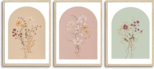 CHMMART 3 Piece Boho Wildflower Framed Wall Art Floral Botanical Canvas Art Prints Flower Pictures Wall Decor Minimalist Painting Artwork for Living Room Bedroom Bathroom 16x20in
