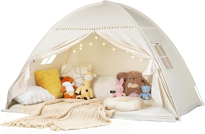 Twin Bunk Bed Tent Canopy for Playhouse, Indoor Portable Foldable Privacy Shelter with Breathable Starry Canopy for Girls & Boys Bedrooms (Twin Beige)
