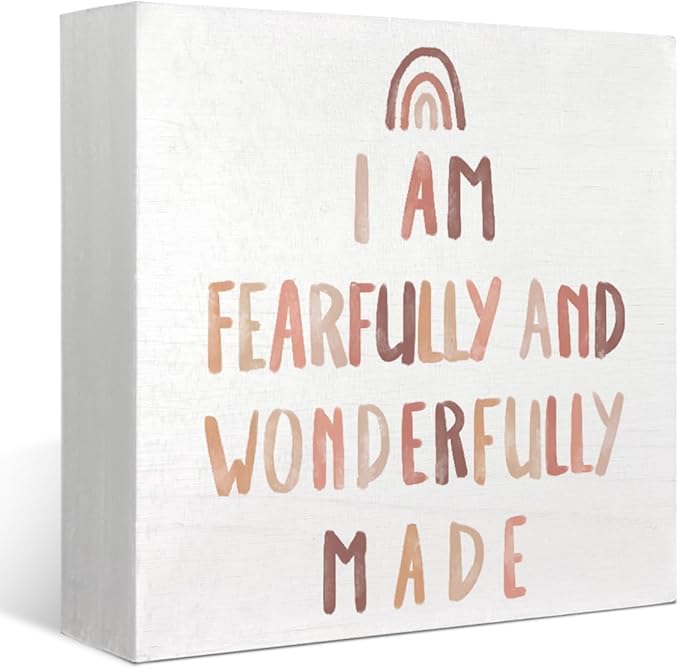 Boho Neutral Baby Nursery Decor - Inspirational Bible Verse Rainbow Wood Box Sign, Toddler Room Desk Decor, Christian 5x5 Burlywood
