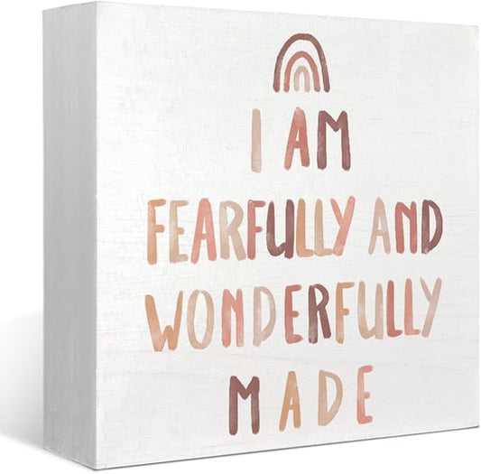 Boho Neutral Baby Nursery Decor - Inspirational Bible Verse Rainbow Wood Box Sign, Toddler Room Desk Decor, Christian 5x5 Burlywood