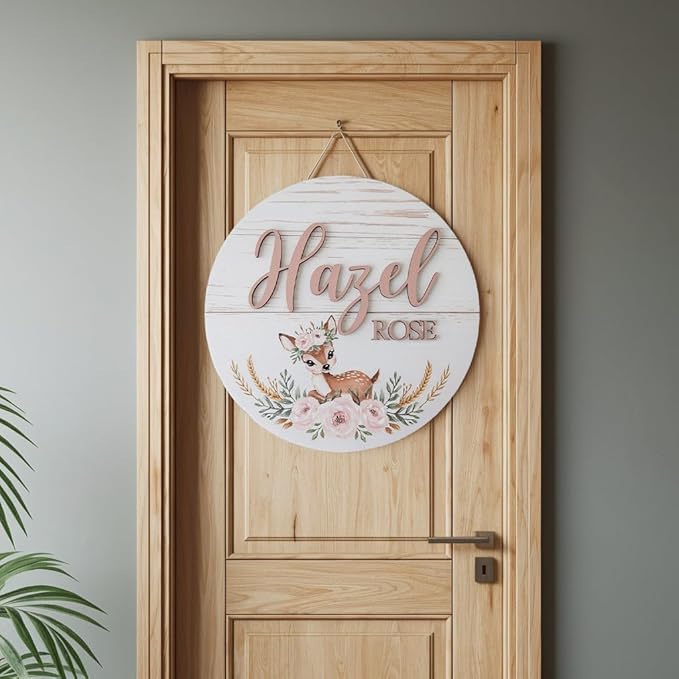 Personalized Baby Name Signs for Nursery, Floral Deer Sign for Baby Door Decor, Newborn Gifts for Girl, Girls Nursery Wall Bedroom Decorations, Mother's Day Gifts for New Mom Dad Gift