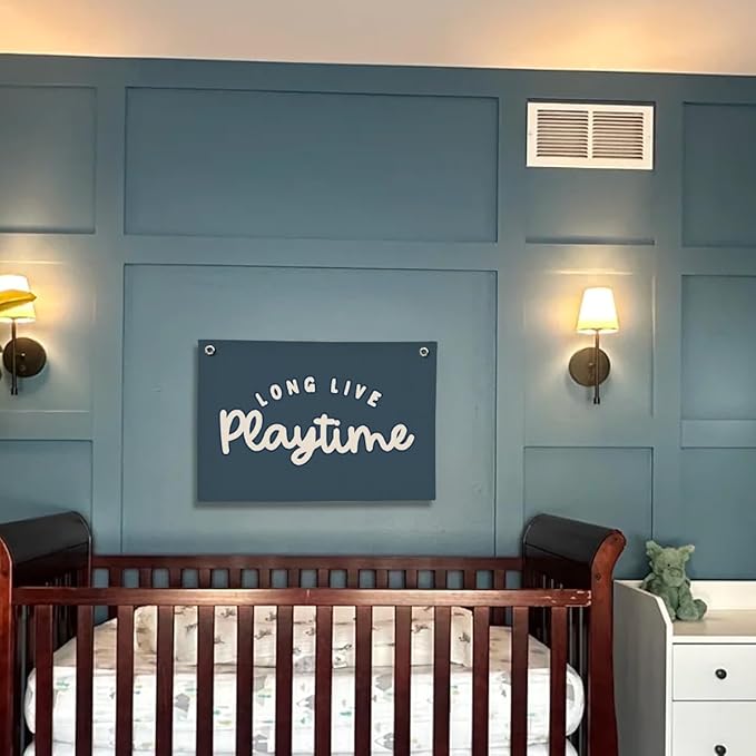 Playroom Decor for Boy, Long Live Playtime Wall Hanging Linen Banner, Blue Striped Wall Flag for Kids Room Nursery Playroom Decor, 20x30 Inch-Navy Blue