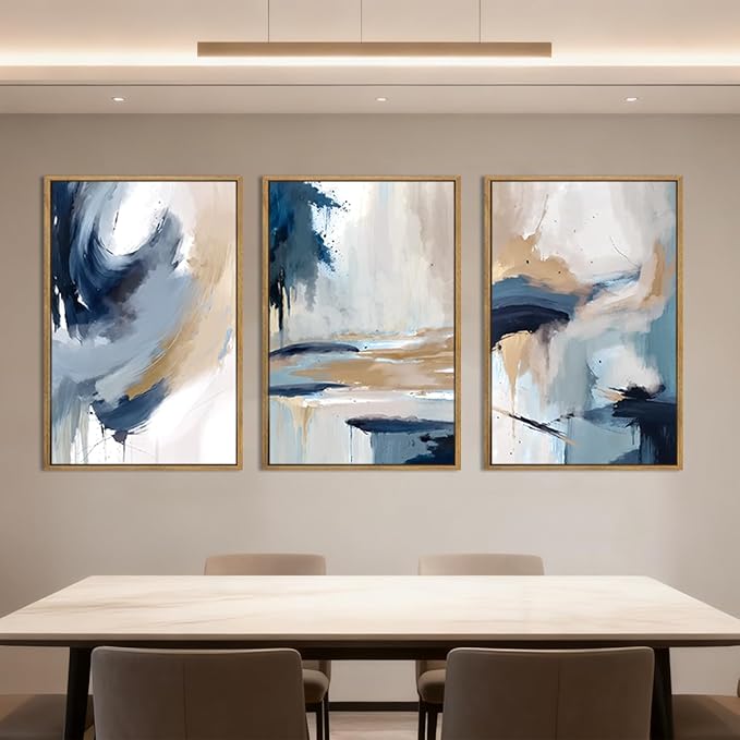 Large Blue Abstract Wall Art Framed Modern Artwork Neutral Wall Decor for Living Room Bedroom Office 16x24 Inch Set of 3