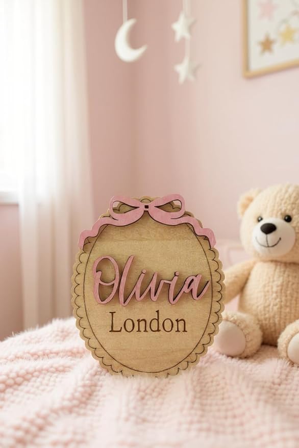 Personalized Baby Name Announcement Sign with Bow, Custom Wooden Name, Scalloped Edge Newborn Photo Prop & Nursery Keepsake (Name Sign)