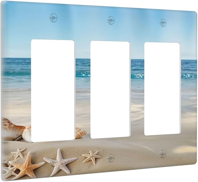 Decorative Light Switch Cover Plate Summer Beach Starfish Shells 3 Gang Switch Plate Covers Triple Rocker Wallplates GFCI Socket Cover Outlet Covers for Bathroom Home Decor