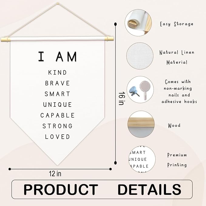 Positive Affirmations Wall Art for Kids,I Am Enough,Inspirational Classroom Decor, I Am Kind Smart Brave Loved Nursery Banner, Bedroom Hanging Sign,Nursery Motivational School Wall Decor-B12