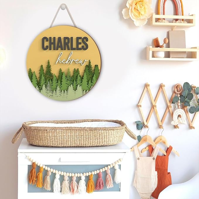 Custom Wood Name Sign for Nursery – Personalized Door Hanger with Forest Design –Boys Room Wall Art, Toddler Room Decor, Bedroom Wall Decor