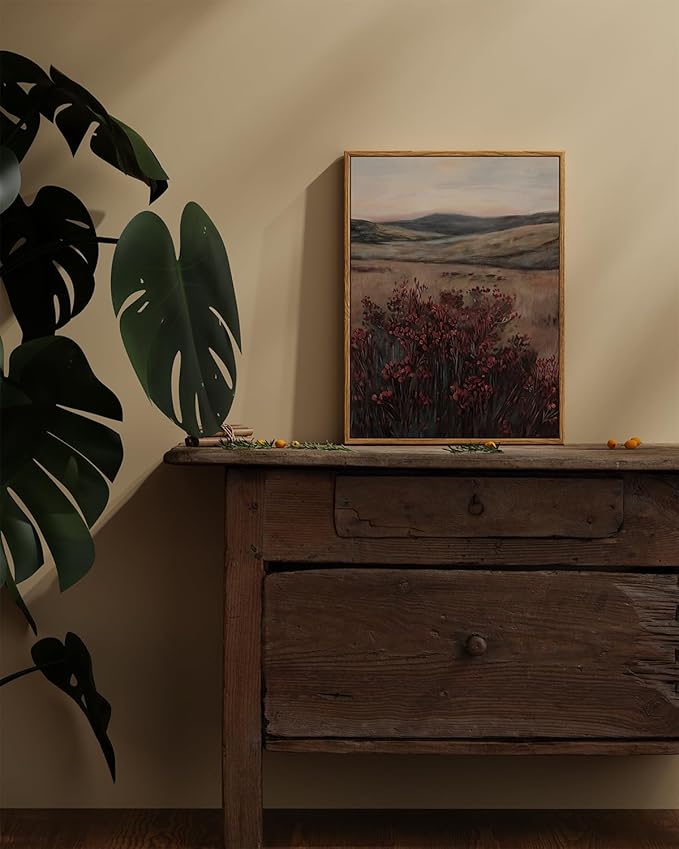 ARPEOTCY Vintage Framed Canvas Wall Art, 12x16inch, Farmhouse Landscape Wall Decor, Moody Art Prints Home Decorations, Maroon Wildflower Scenery Paintings for Living Room Bedroom Office Decor