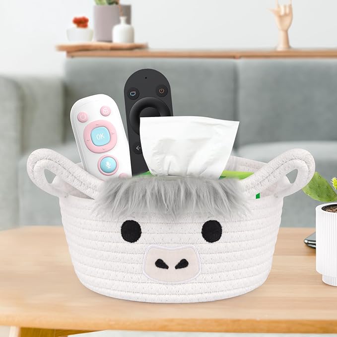 Highland Cow Basket for Nursery, Small Gift Basket, White Round Woven Cotton Rope Storage, Baby 0rganizer with Ears Handles, Blanket Towel Decor Empty Storage Bins,8.2 x 4.7 in