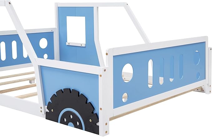 Bellemave Twin Full Size Kids Car Bed, Classic Car-Shaped Platform Bed with Wheels, Wood Full Montessori Floor Bed Frame for Kids Boy Girls, Lightning McQueen Bed (Blue+Black)