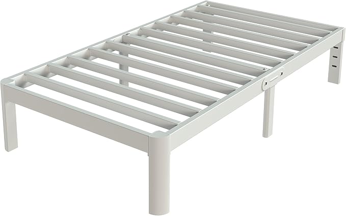 White Twin Size Bed Frames 14 Inch, Metal Platform Twin Bed Frame No Box Spring Needed, Heavy Duty Steel Support 3500 LBS, DIY Headboard, Round Legs, Noiseless, Storage Space, Easy Assembly