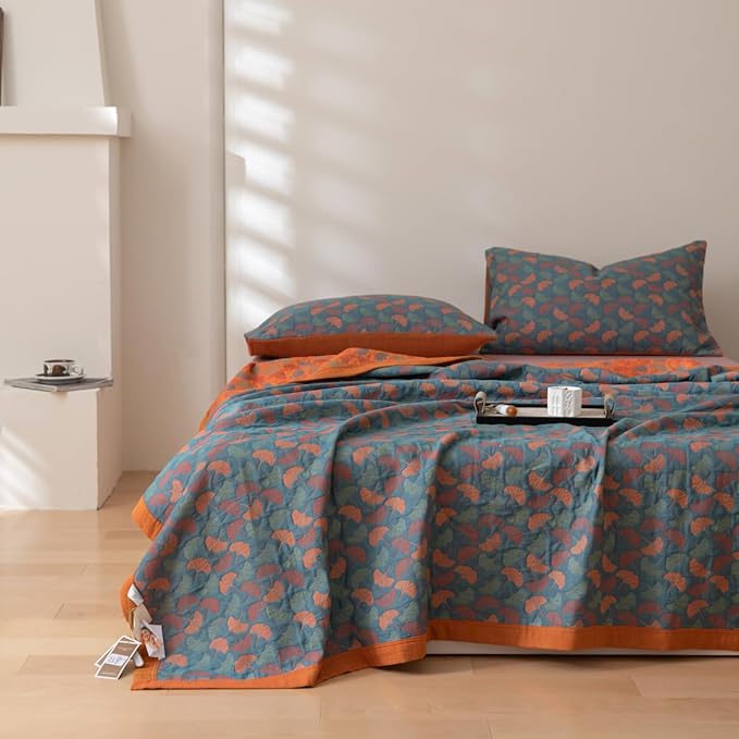 100% Cotton Muslin Blanket Jacquard Floral Ginkgo Leaves Quilt, Soft Bed Cover 3 Layers Reversible Bedspread Coverlet Breathable Lightweight Bedding Full/Queen(78"x94"), No Pillow Sham