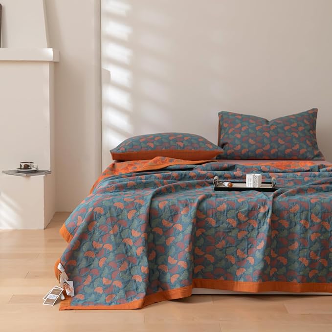 100% Cotton Muslin Blanket Jacquard Floral Ginkgo Leaves Print Quilt, Soft Bed Cover 3 Layers Reversible Bedspread Coverlet Breathable Lightweight Bedding Twin(59"x94"), No Pillow Sham