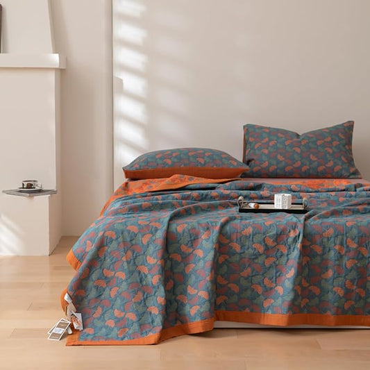 100% Cotton Muslin Blanket Jacquard Floral Ginkgo Leaves Print Quilt, Soft Bed Cover 3 Layers Reversible Bedspread Coverlet Breathable Lightweight Bedding Twin(59"x94"), No Pillow Sham