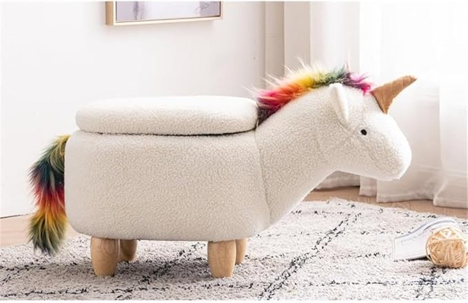 Home 2 Office Unicorn Ottoman with Storage for Bedroom, Playroom, Nursery or Recreation Room Decor, Soft Animal-Shaped Ottoman with Wooden Legs