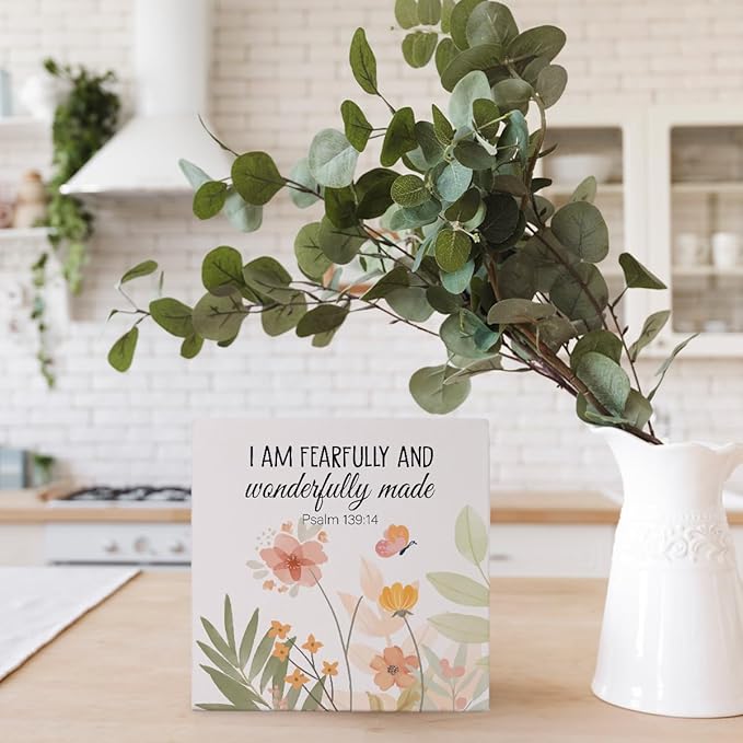 Bible Verse Boho Watercolor Wooden Box Block Plaque Sign, Christian Religious Gift, I Am Fearfully And Wonderfully Made, Inspirational Christian Nursery Home Desk Shelf Decor, 5x5