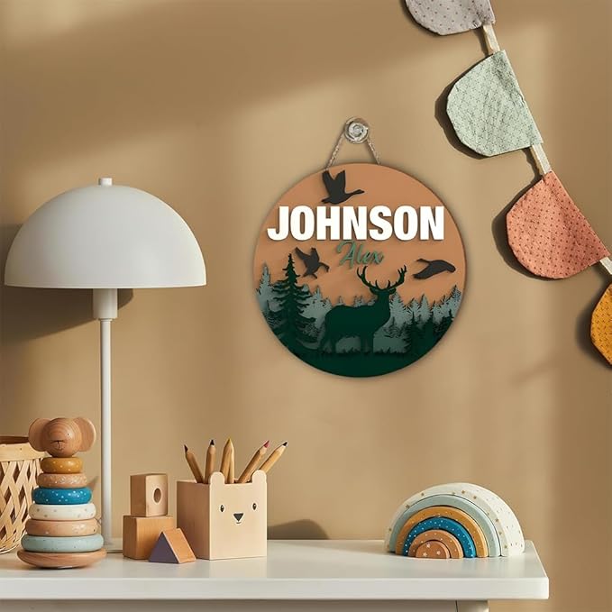 Custom Bedroom Door Sign Natural Wood Circle – Jungle Theme Door Decorations with Deer and Forest – Name Sign, Nursery Decor, Boys Room Decor, Wall Hanging
