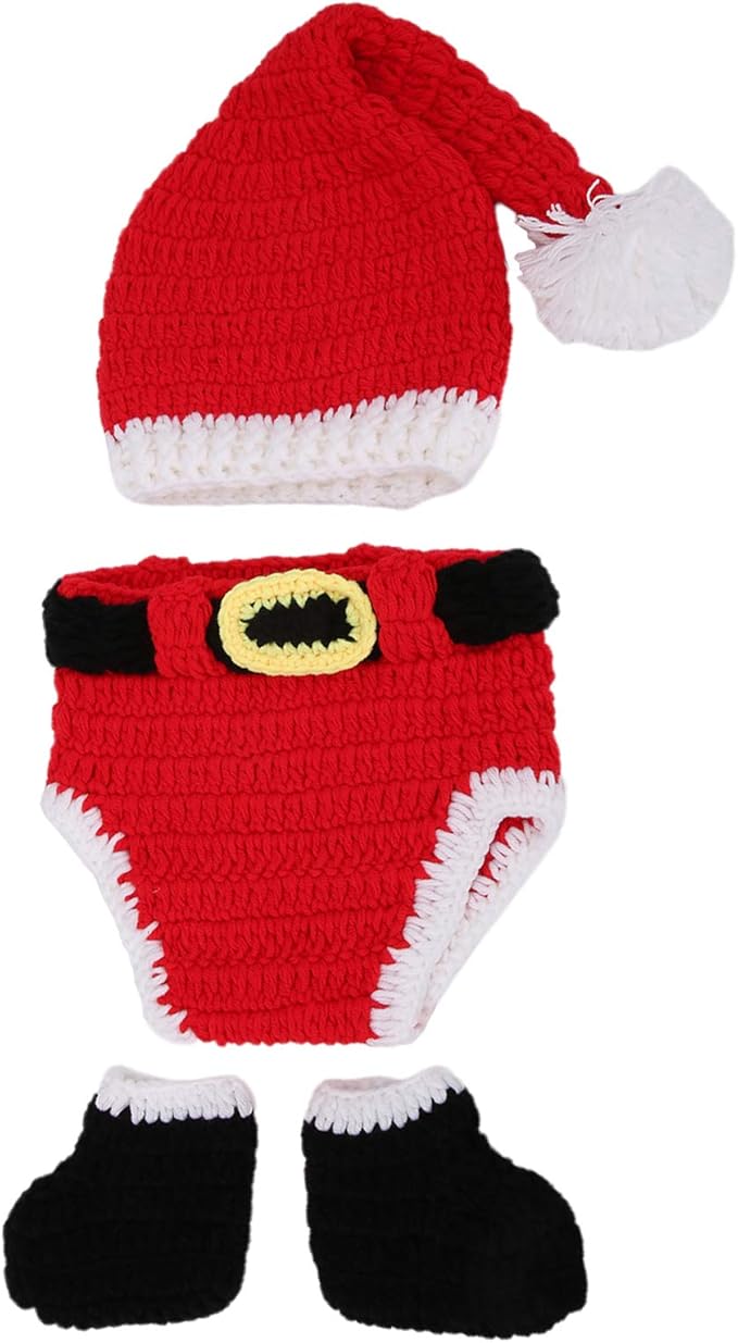 ZJchao Baby Crochet Christmas Clothes, Soft Cotton Newborn Photography Prop Infant Outfit Set with Hat Pants Boots, for Boys 0-3 Months Holiday Photoshoot