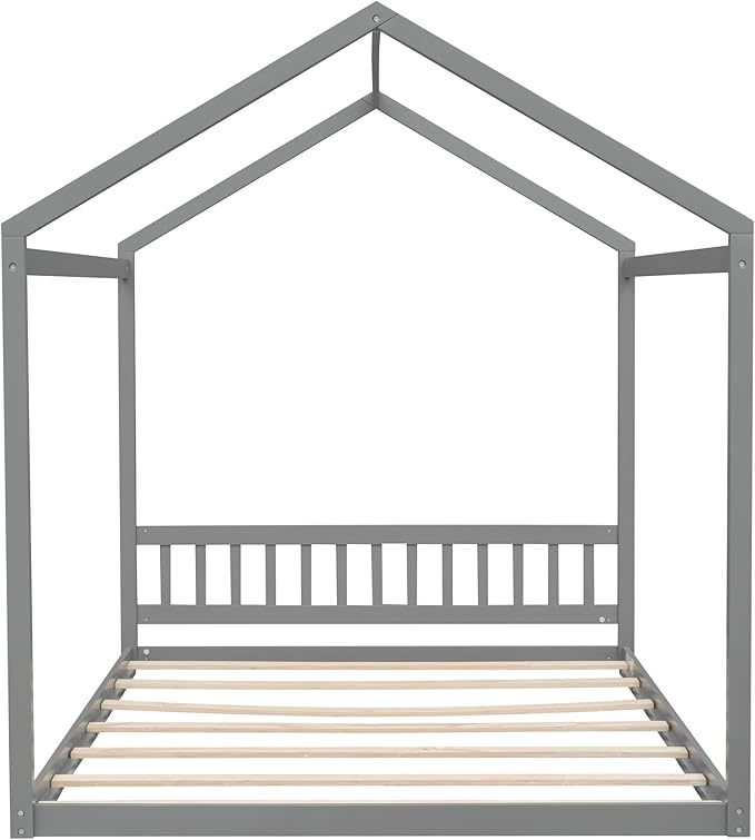 Bellemave Queen House Bed with Roof Wood Montessori Floor Beds for Kids Wood House Floor Bed Frame for Girls Boys Teens Adults, No Spring Box Needed, Gray