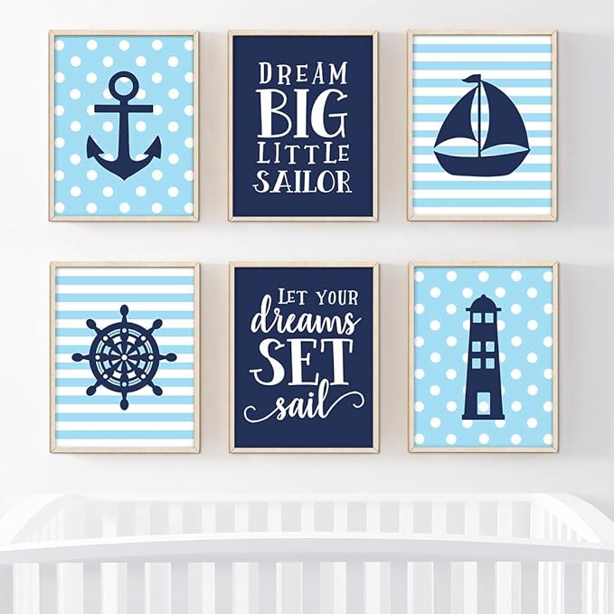 Andaz Press Ocean Nautical Sailor Theme Nursery Kids Bedroom Hanging Wall Art Decor, 8.5x11-inch, Baby Blue Stripes Dots, Dream Big, Let Your Dreams Set Sail, 6-Pack, Unframed Room Poster