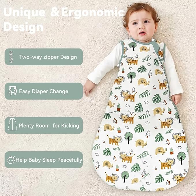 Baby Sleep Sack 0-6 Months 1.0 TOG, 100% Cotton Baby Wearable Blanket with 2-Way Zipper, Infant Toddler Sleeping Sack for Newborn Boys and Girls, Green & Lion
