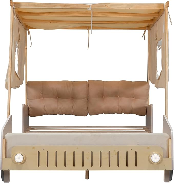 Full Size Car Bed with Pillow & Car Headlights Shaped LED Light,Wood Kid Bed Frame W/Ceiling Cloth & Magazine Holder,Toy Bedroom Furniture for Boys Toddlers Child,Natural