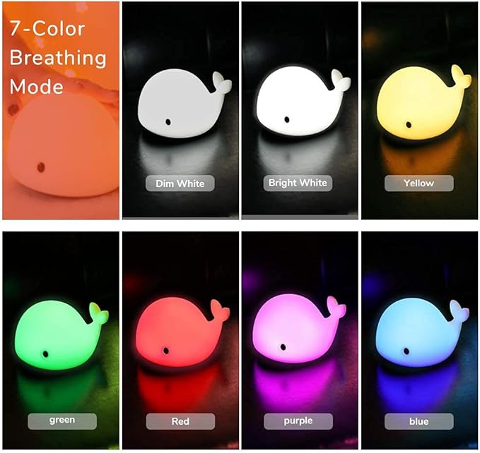OURRY Cute Whale Night Light for Kids,Kawaii Baby Night Light with 7 LED Colors Changing,Tap Control Nursery Squishy Night Lamp,USB Rechargeable,Birthday Gifts for Baby,Girls,Boys,Toddler,Children