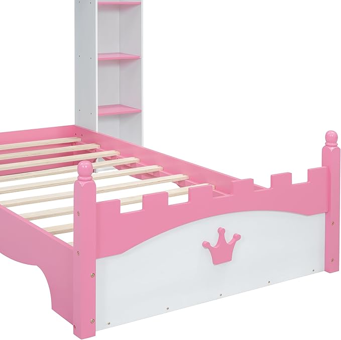 Castle-Shaped Wooden Platform Bed with Storage Shelf, Dreamy Twin Size Kids Platform Bed for Girls Boys Bedroom, Sturdy Slats Support (White+Pink Castle)