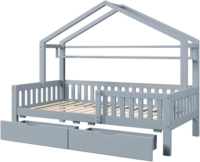 Aoowow Full Size House Bed with Storage Drawers and Shelf, Kids Twin Bed Frame Wooden Platform Bed with Guardrails and Slats for Boys Girls Teens for Bedroom(Grey)