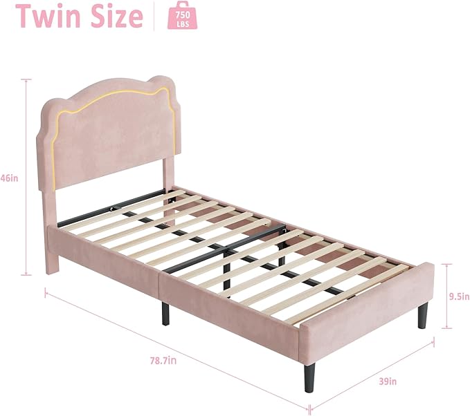GarveeHome Twin Upholstered Smart LED Bed Frame with Headboard, Velvet Princess Platform Bed Frame for Kids, Wooden Slats Support, No Box Spring Needed (Pink, Twin)