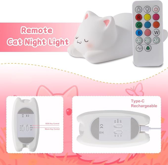 ZKLiLi Night Light for Kids Cute Remote Cat Lamp,16 Colors+Tap+Remote+Silicone Kids Night Light,USB Rechargeable Cat Night Lights for Room Decoration（Remote Control）