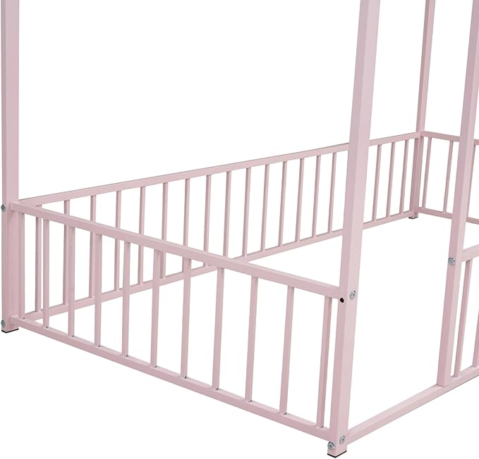 Bellemave Twin Size Montessori Floor Bed, Metal House Bed Framefor Kids, Montessori Floor Beds with Fence, Playhouse for Kids, Pink