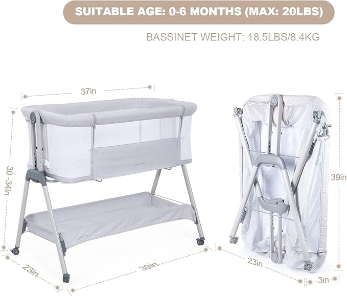 ANGELBLISS Baby Bassinet Bedside Sleeper, Easy Folding Portable Bassinet for Baby with Wheels, Adjustable Height, Included Mattress (Beige)
