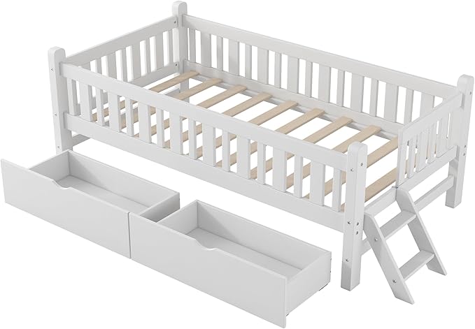 Wood Twin Size Platform Bed with Guardrail and 2 Drawers, Kids Bed with Ladder, Kids Montessori Style Bed Frame for Girls Boys (White)