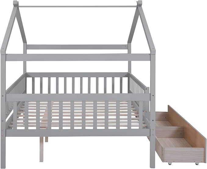 Full House Bed with 2 Storage Drawers, Kids Full Bed Frame with Rails and Roof, Tent Bed, Wooden Full Daybed, Full Montessori Bed for Kids Teens Girls & Boys, No Box Spring Needed (Gray)