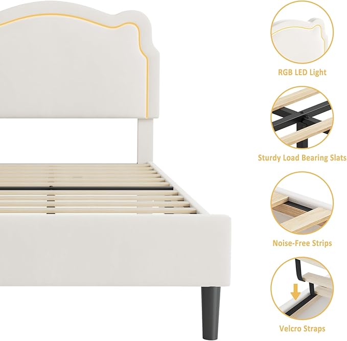 GarveeHome Twin Upholstered LED Bed Frame with Headboard, Velvet Princess Platform Bed Frame for Kids, Wooden Slats Support, No Box Spring Needed (Beige, Twin)