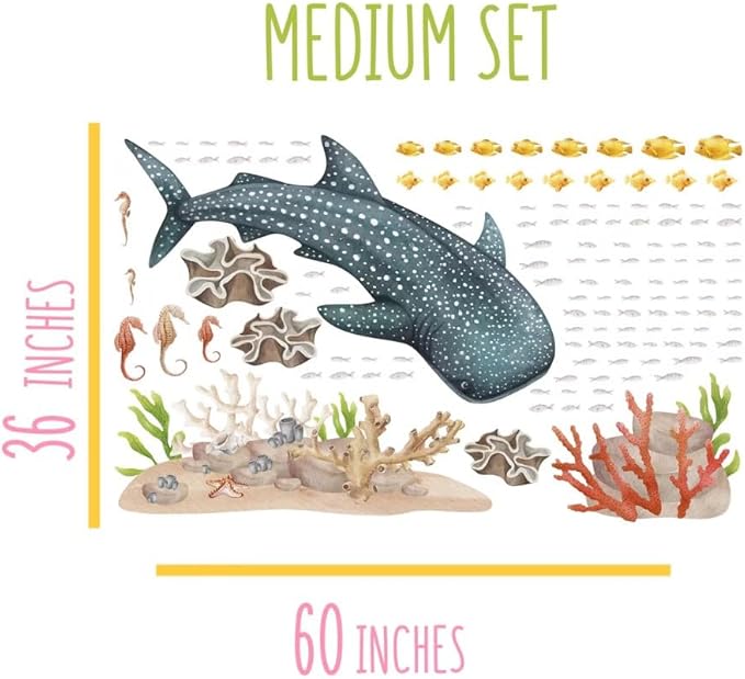 Ocean Wall Decals – Ocean Decals, Wall Stickers Peel & Stick Removable Wall Stickers for Nursery Baby Kids Bedroom Bathroom, Medium Set (60″ W × 36″ H) 120 Pcs
