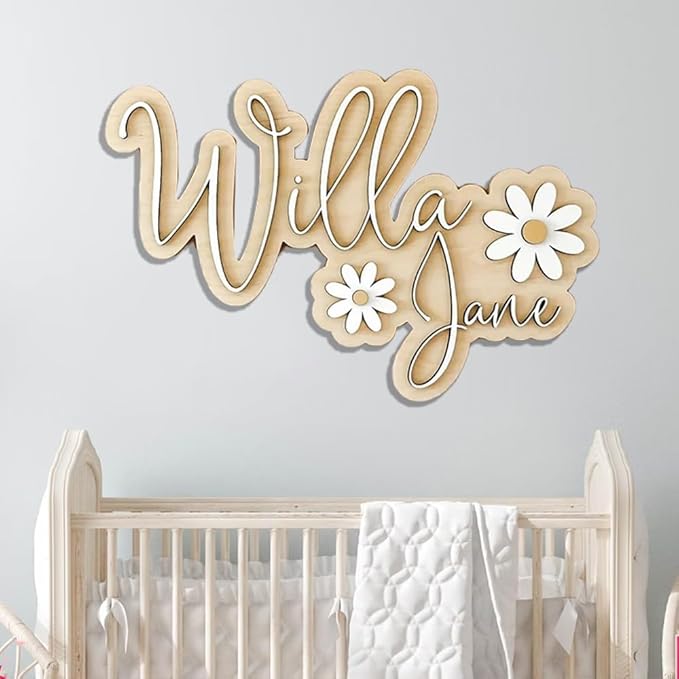 Personalized Nursery Name Sign, Custom Wooden Name Sign with Flowers, 3D Layered Wood Wall Decor for Baby Girl Room, Boho Floral Kids Room Name Plaque, 2 Layer /5