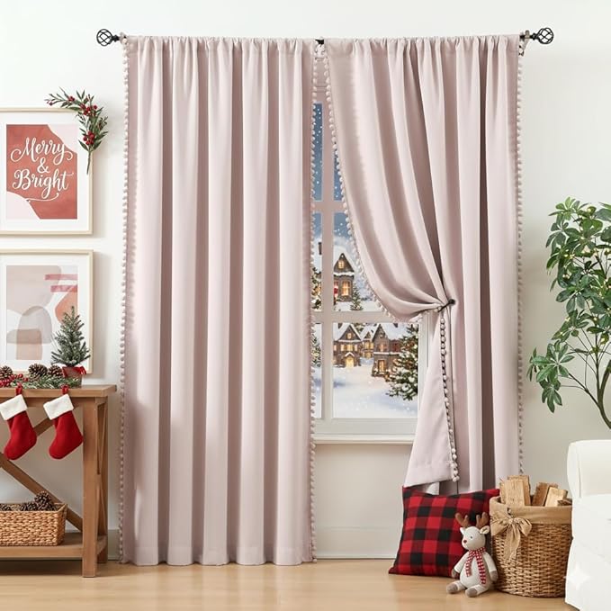 Treatmentex Pompom Blackout Curtains for Bedroom Pink Girls 84 inch Energy Efficient Thermal Insulated Living Room Darkening Curtain Panels for Kitchen Nursery Room 52" w x2 Panels Rod Pocket