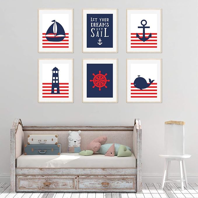 Andaz Press Ocean Nautical Sailor Theme Nursery Kids Bedroom Hanging Wall Art Decor, 8.5x11-inch, Red Stripes, Boat, Anchor, Lighthouse, Whale, 6-Pack, Unframed Room Poster