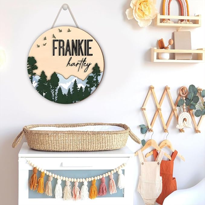 Custom Door Hanger with Name – Forest and Mountain Wooden Sign for Nursery – Boys Room Wall Art, Baby Room Decor, Personalized Wood Circle Name Plaque