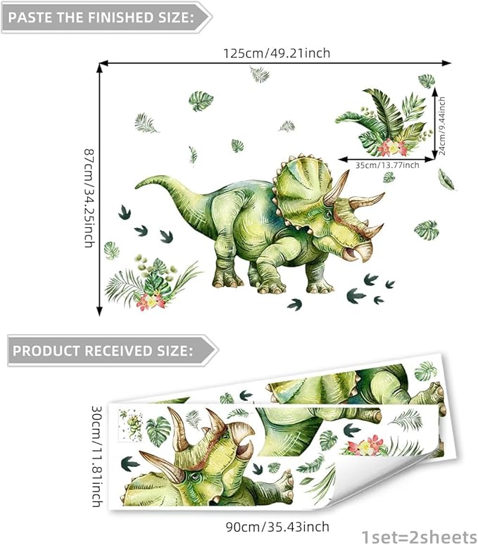Large Dinosaur Wall Stickers, Geen Triceratops Dino with Plantain Leaf, Wall Decals Peel and Stick Decal for Nursery Kids Room Décor